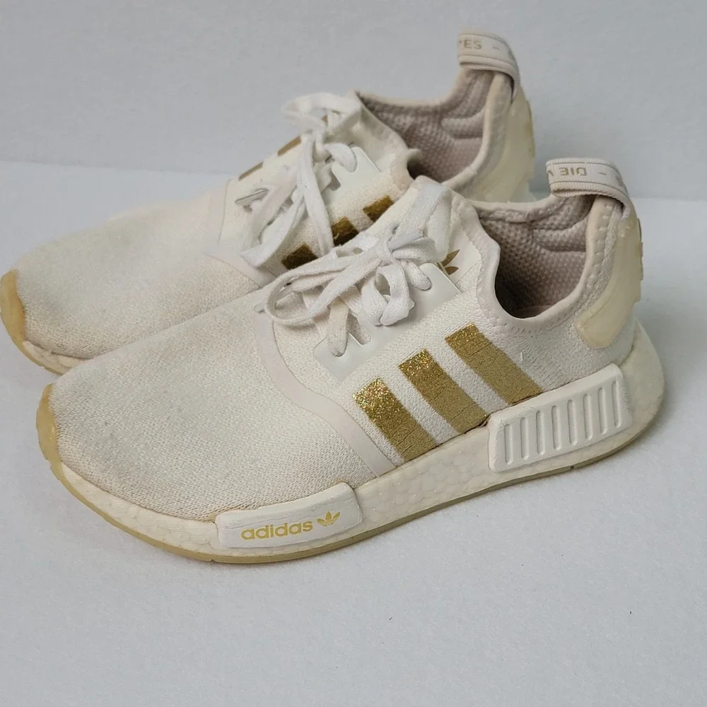 Size 4.5 Adidas kids NMD R1 Off White/gold Running Sneakers Shoes